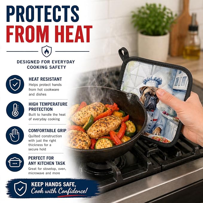 Caroline's Treasures Bullmastiff The Chef Pair of Pot Holders Kitchen Heat Resistant Pot Holders Sets Oven Hot Pads for Cooking Baking BBQ, 7 1/2 x 7 1/2