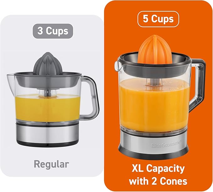 Elite Gourmet ETS047 BPA-Free 40-Watt Electric Citrus Juicer with 2 Cones, Compact, Large Volume, Pulp Control, Oranges, Lemons, Limes, Grapefruits with Easy Pour Spout, 1.2L, Black/Stainless Steel