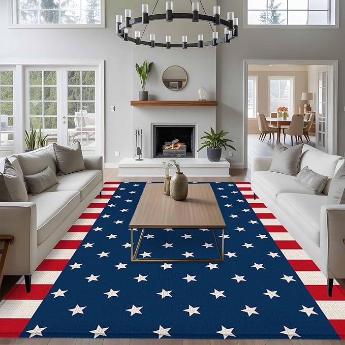 Area Rug 6x9ft, American Independence Day Washable Rugs for Living Room Bedroom, USA Stars on Blue Red White Border Soft Non-Slip Area Rugs Rectangle Floor Carpet for Dining Room