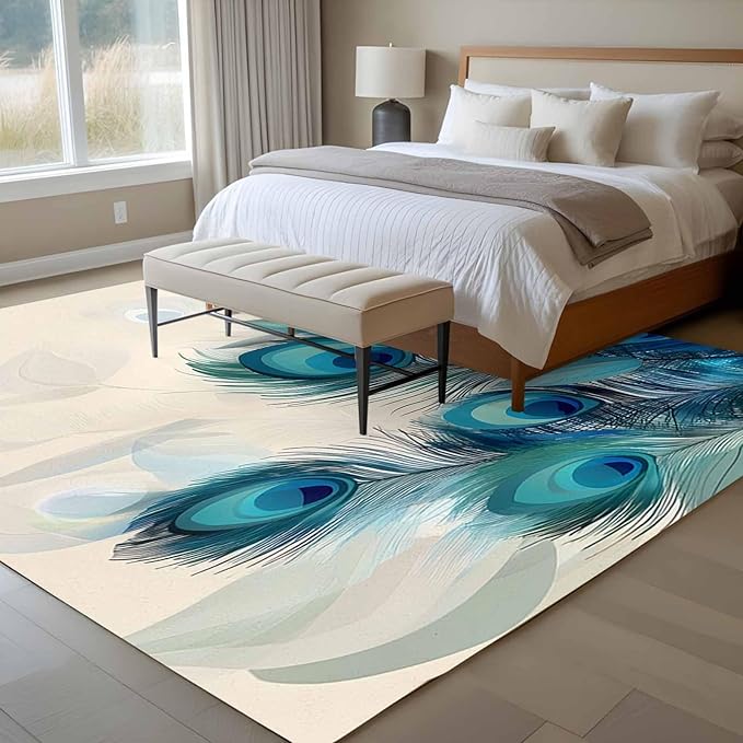 Area Rug 6x9ft, Abstract Animal Art Peacock Feather Washable Rugs for Living Room Bedroom, Watercolor Blue Eyes Beige Soft Non-Slip Area Rugs Rectangle Floor Carpet for Dining Room