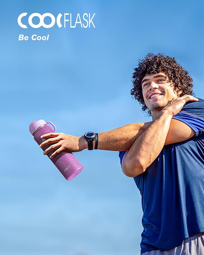 Coolflask Water Bottle 24 oz Insulated with Straw, Stainless Steel Metal 3 Lids Water Flask Wide Mouth for Sports or Office, Non-BPA Keep Cold Up to 48 Hrs or Hot Up to 24 Hrs, Glitter Pink