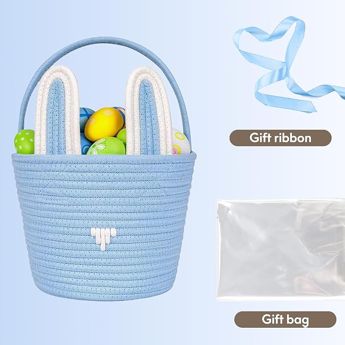Poschnor Large Easter Basket with Gift Bags and Ribbons, Easter Bunny Basket for Kids, Woven Cotton Rope Basket for gifting, Blue