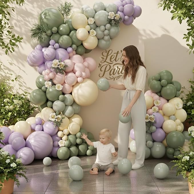 Pastel Balloon Arch Garland Kit 154pcs, Double Stuffed Light Green Sage Green Purple Yellow Macaron Pink Balloons Arch Kit for Wildflower Baby Shower Wedding Birthday Party Decorations