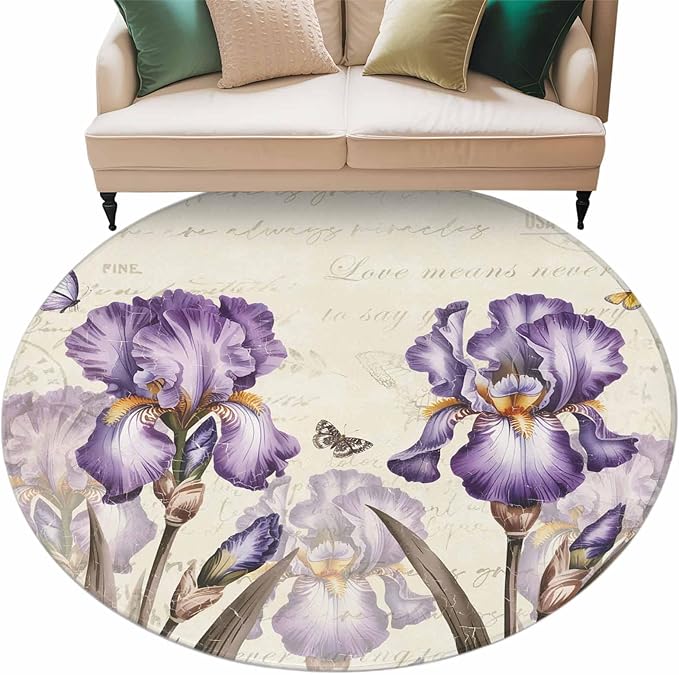 Washable Round Area Rug Pastoral Purple Flower Watercolor Circle Rugs Floor Carpet for Living Room Bedroom, Country Botanical Butterflies Soft Non Slip Round Rug 5ft