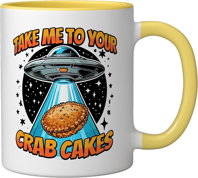 Take Me to Your Crab Cakes UFO Abduction Funny Crab Cake Ceramic Mug, Yellow/White