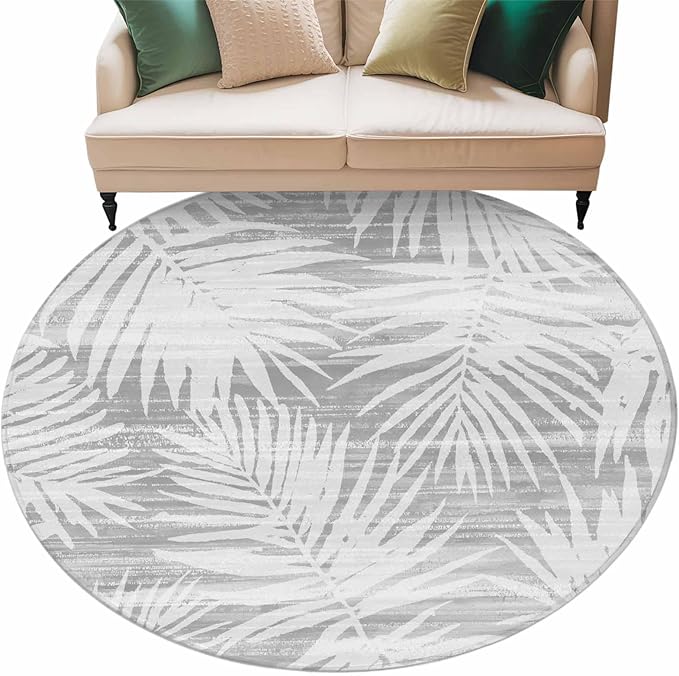 Washable Round Area Rug Modern Gray Palm Leaves Circle Rugs Floor Carpet for Living Room Bedroom, Boho Tropical Leaves Soft Non Slip Round Rug 5ft