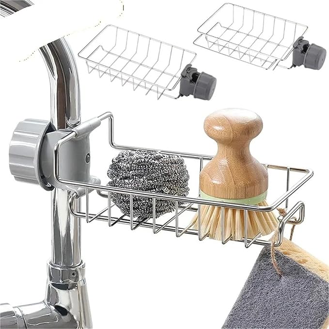 Adjustable Sink Faucet Shelf, Stainless Steel Over Faucet Drain Rack for Sponge Soap and Towel, Rotatable Kitchen Bathroom Organizer with Hooks(B)