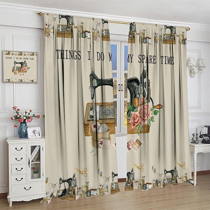 Sewing Theme Curtain,Sewing Machine Rose Flower Pattern Window Treatment Curtains for Bedroom Cafe Dining Room Office Living Room Kitchen Drapes Home Decor, 42x45 in