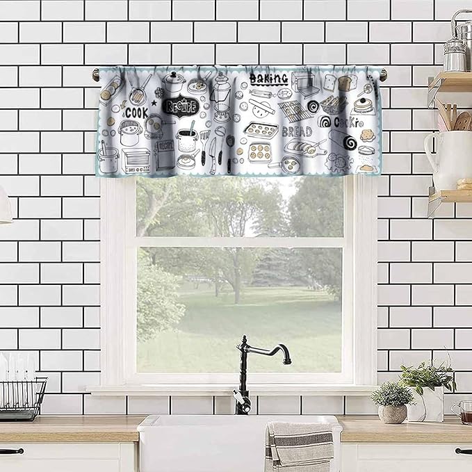 Kitchen Valance Curtain, Doodle Baking Cooking Tools Treats Food Short Window Treatment for Kitchen Dining Resturant Bedroom Home Decor, 54x18Inch