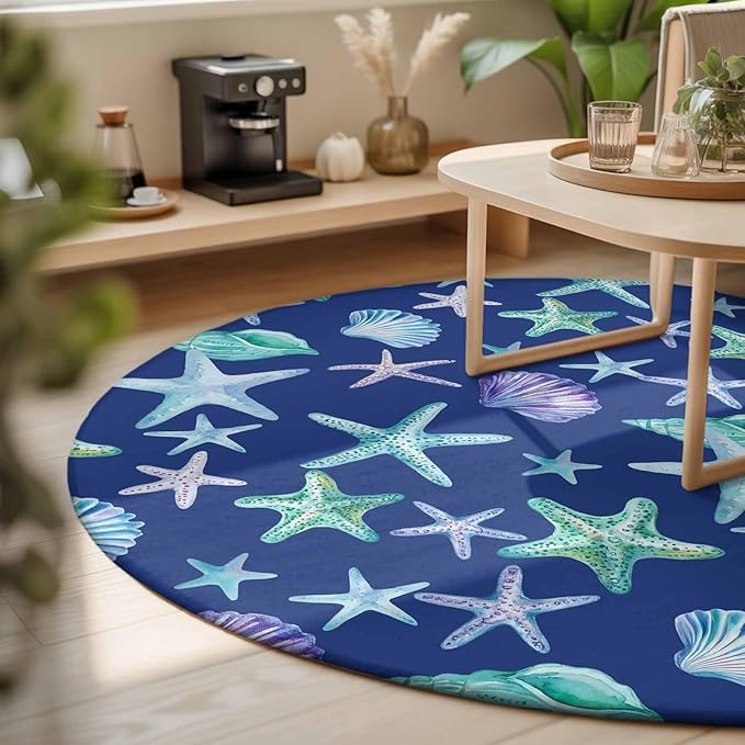 Washable Round Area Rug Summer Starfish Shell Conch Circle Rugs Floor Carpet for Living Room Bedroom, Marine Creature on Blue Soft Non Slip Round Rug 3ft