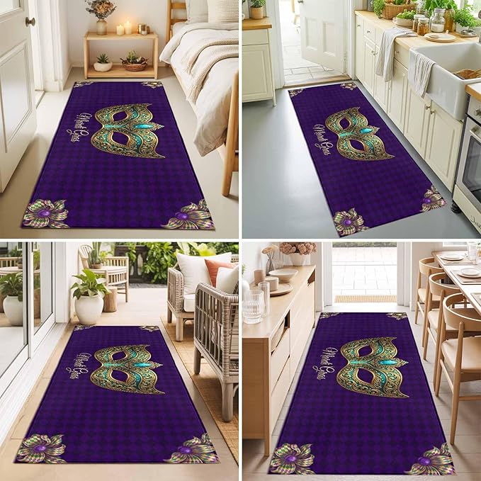 Runner Rug for Bedroom Hallway, Mardi Gras Mask Purple Plaid Kitchen Runner Rugs Area Rug 2x6ft, Abstract Blossom Floral Washable Soft Floor Carpet for Entryway Stair