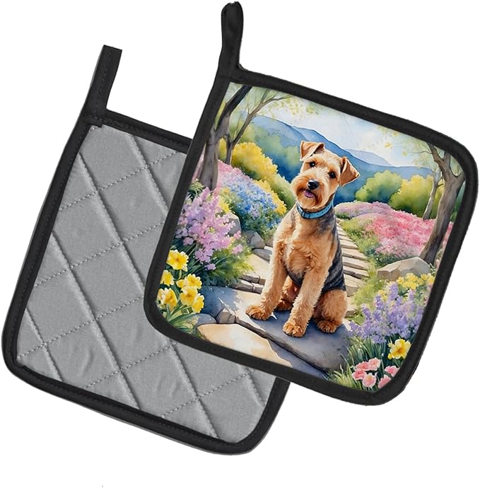 Caroline's Treasures Lakeland Terrier Spring Path Pair of Pot Holders Kitchen Heat Resistant Pot Holders Sets Oven Hot Pads for Cooking Baking BBQ, 7 1/2 x 7 1/2