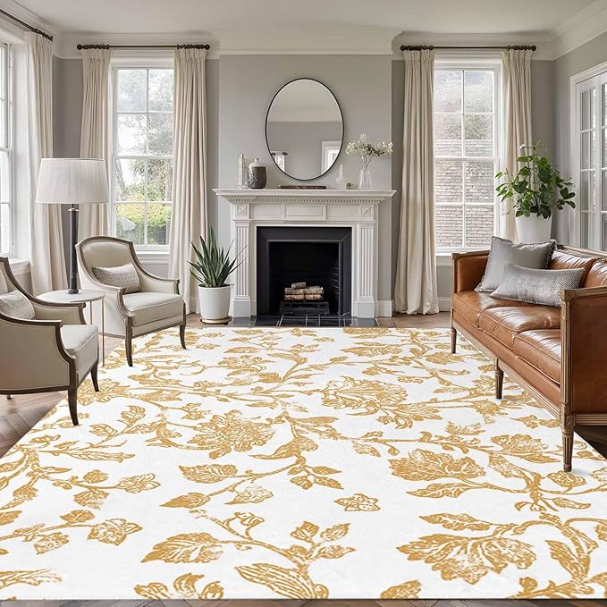 Area Rug 6x9ft, Vintage Farmhouse Flowers Pattern Washable Rugs for Living Room Bedroom, Yellow Floral Art Soft Non-Slip Area Rugs Rectangle Floor Carpet for Dining Room