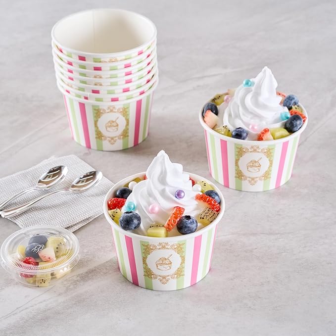 Coppetta 8 Ounce Dessert Cups, 50 Greaseproof Ice Cream Cups - Lids Sold Separately, For Hot And Cold Foods, Green And Pink Stripe Paper Yogurt Bowls, Disposable, Sturdy - Restaurantware