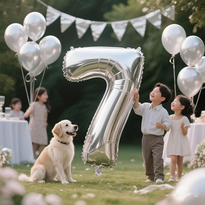 Numbers Balloon, 40 Inch 7 Balloons for Birthday Party, Silver Number Balloons 7 for 7, 17, 27 Game Competition Wedding Anniversaries Party, Christmas and New Years Eve Party
