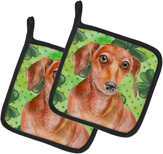 Caroline's Treasures BB9881PTHD Red Dachshund St Patrick's Pair of Pot Holders, Green Kitchen Heat Resistant Pot Holders Sets Oven Hot Pads for Cooking Baking BBQ, 7 1/2 x 7 1/2