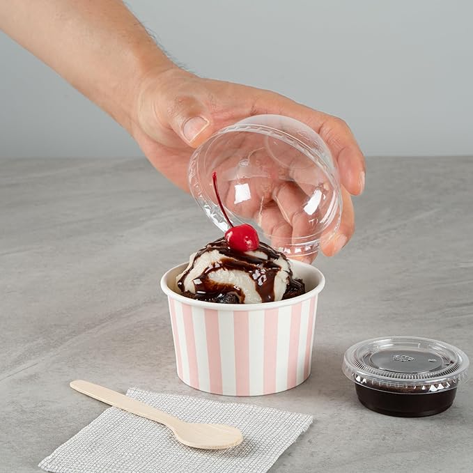 Coppetta 5-Ounce Dessert Cups, 50 Disposable Ice Cream Cups - Lids Sold Separately, Striped, Pink And White Paper FroYo Bowls, For Hot And Cold Foods, Perfect For Gelato Or Mousse - Restaurantware