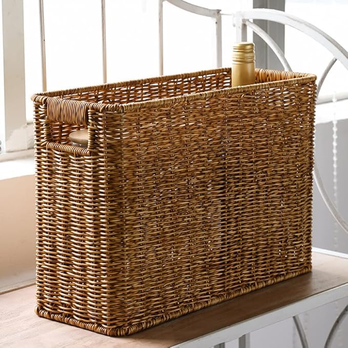 Happyyami Hand-Woven Magazine Basket Magazine Wicker Basket Rattan Magazine Holder Desk Storage Baskets with Handle for Bathroom Office
