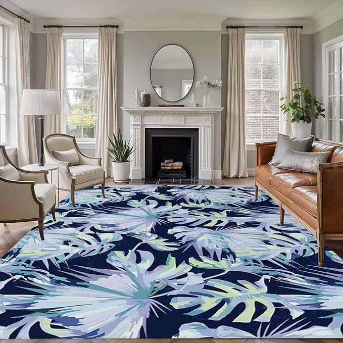 Area Rug 9x12ft, Watercolor Blue Teal Palm Leaves Washable Rugs for Living Room Bedroom Rectangle Floor Carpet, Abstract Botanical Soft Non-Slip Area Rugs for Dining Room