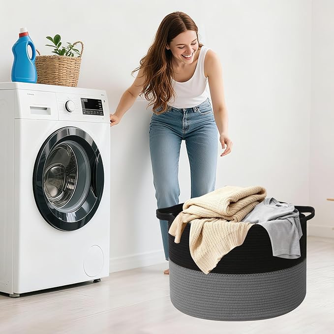 115L Large Blanket Basket,Woven Rope Laundry Basket Hamper with Handles, Decorative Nursery Basket Storage Bin for Toys, Clothes Organizer, Living Room, Bedroom, Bathroom, Black&Dark Grey