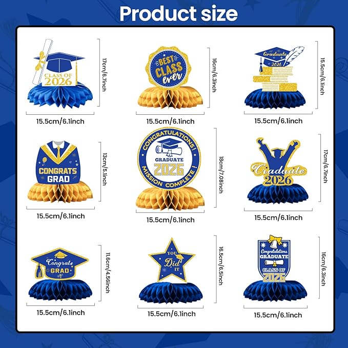 Class of 2026 Graduation Decorations - 9PCS Blue Gold Table Centerpieces, 2026 Congrats Grad Honeycomb Centerpieces Table Decor for Graduation Party Supplies