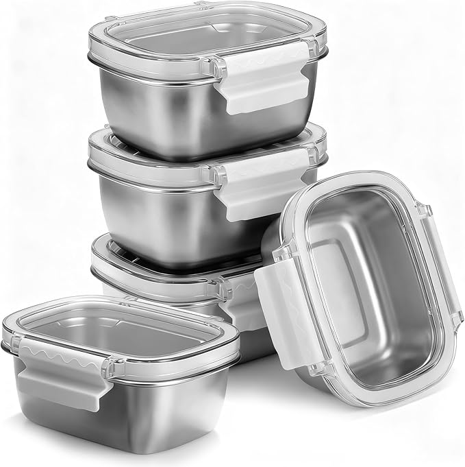 5 Piece Stainless Steel Containers with Lids, 8.5oz Food Storage Containers Leakproof Lunch Small Snack Boxes, Reusable Meal Prep Containers Suitable for Dips, Condiments, Snacks