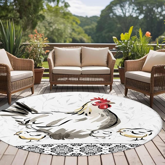 Washable Round Area Rug Country Farmhouse Rooster Circle Rugs Floor Carpet for Living Room Bedroom, Watercolor Animal Flower Pattern Soft Non Slip Round Rug 5ft