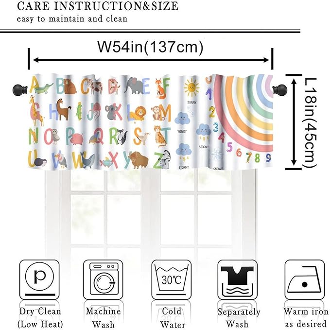 ABC Alphabet Valance Curtain, Cartoon Animals Learning Education Letters Weather Rainbow Short Window Treatment for Kitchen Dining Kids Bedroom Nursery Classroom School Decor, 54x18Inch