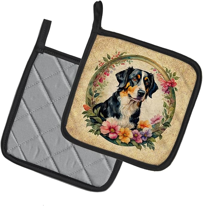Caroline's Treasures Appenzeller Sennenhund and Flowers Pair of Pot Holders Kitchen Heat Resistant Pot Holders Sets Oven Hot Pads for Cooking Baking BBQ, 7 1/2 x 7 1/2
