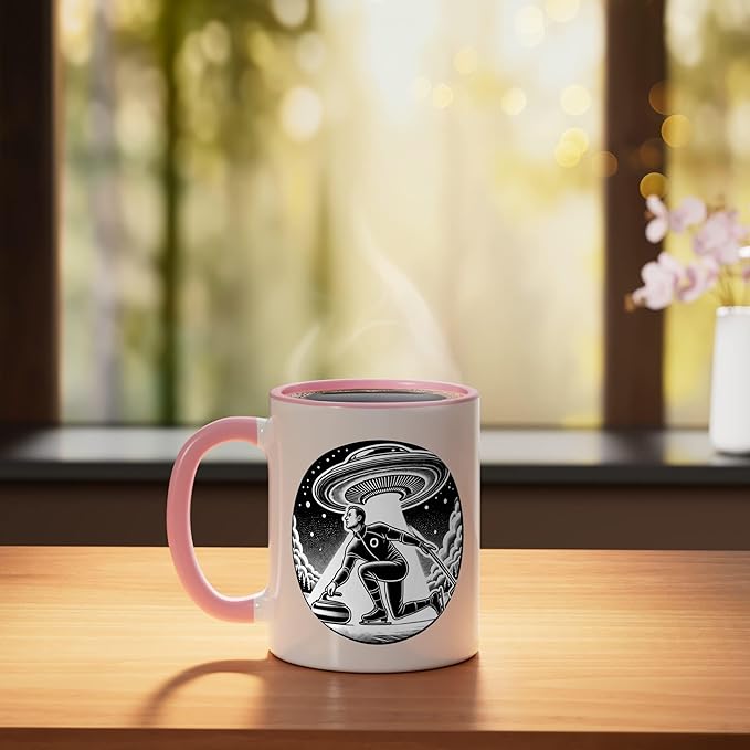 Curling Curl Curler Sport Men Guys Male Ice Outer Space Ceramic Mug, Pink/White