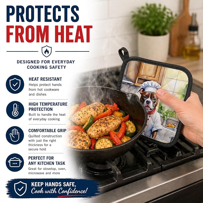 Caroline's Treasures Staffordshire Bull Terrier The Chef Pair of Pot Holders Kitchen Heat Resistant Pot Holders Sets Oven Hot Pads for Cooking Baking BBQ, 7 1/2 x 7 1/2