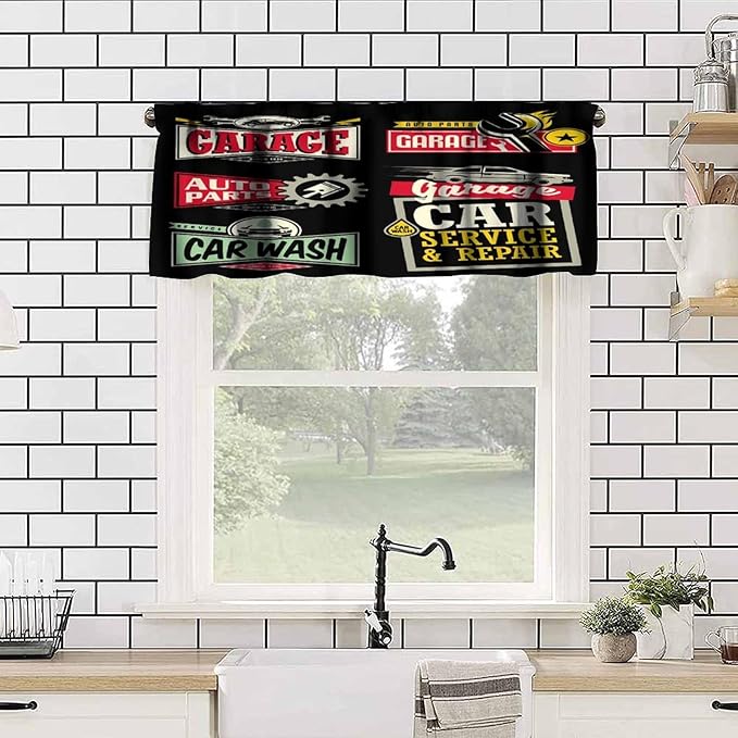 Car Repair Shop Logos Valance Curtain - Labels, Signs, Emblems, Stickers Collection for Garage, Service, Auto Parts, Wash - Short Curtains Valances for Home Decor With Rod Pocket
