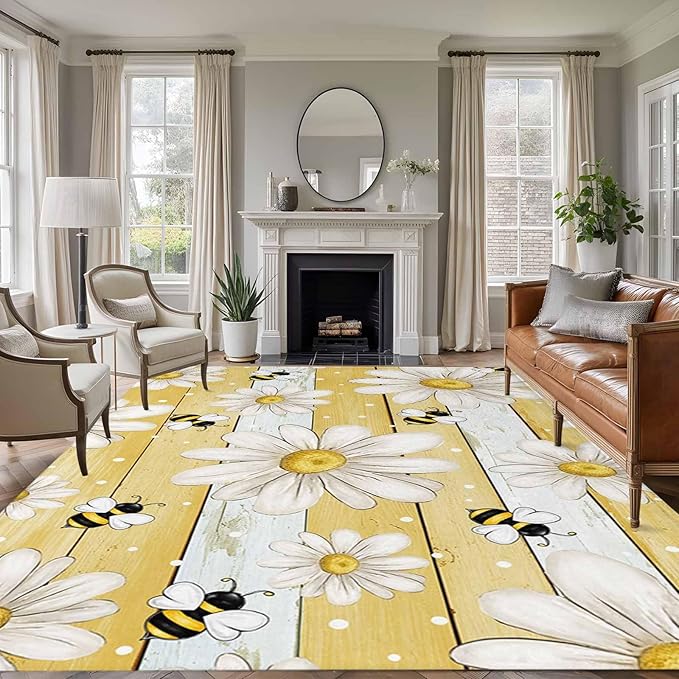 Area Rug 9x12ft, Summer Rustic Daisy Flower Bee Washable Rugs for Living Room Bedroom Rectangle Floor Carpet, Blossom Floral Yellow Wooden Soft Non-Slip Area Rugs for Dining Room
