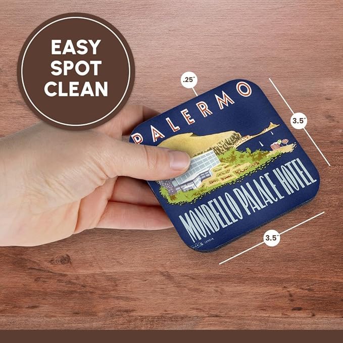 3dRose cst_129870_1 Vintage Palermo Italy Mondello Palace Hotel Luggage Label-Soft Coasters, Set of 4