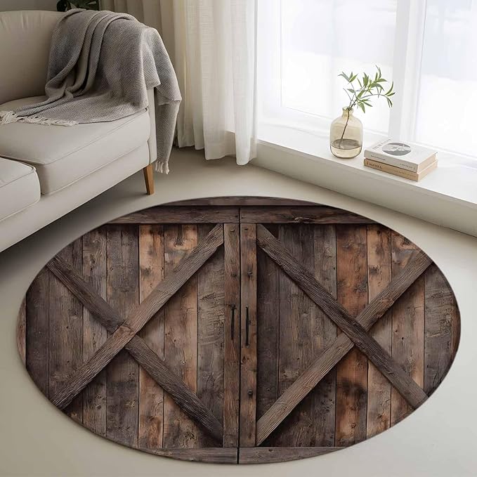 Washable Round Area Rug Vintage Farmhouse Barn Circle Rugs Floor Carpet for Living Room Bedroom, Country Wooden Plank Soft Non Slip Round Rug 4ft