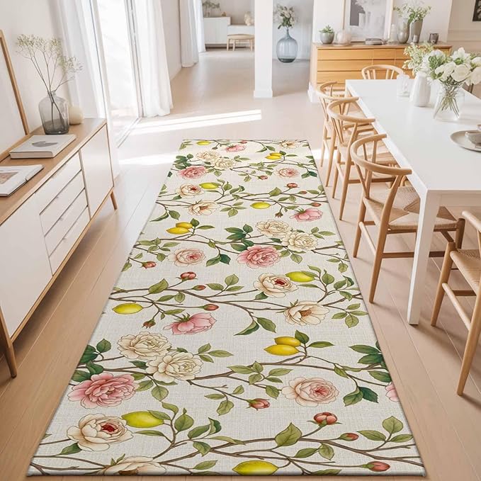 Runner Rug for Bedroom Hallway, Farmhouse Blossom Flower Leaf Lemon Kitchen Runner Rugs Area Rug 2x6ft, Summer Retro Floral Fruit Washable Soft Floor Carpet for Entryway Stair