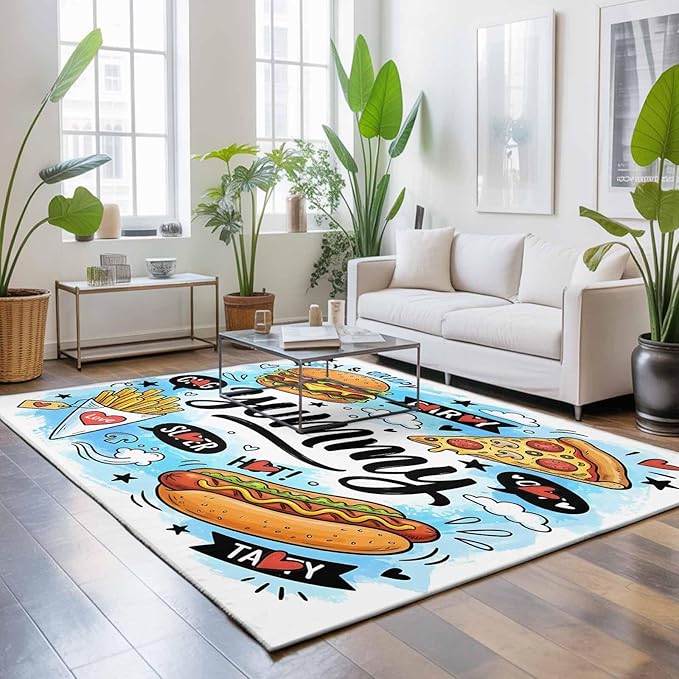 Area Rug 3x5ft, Cartoon Food Abstract Graffiti Washable Rugs for Living Room Bedroom, Blue Sky with Clouds Soft Non-Slip Area Rugs Rectangle Floor Carpet for Dining Room
