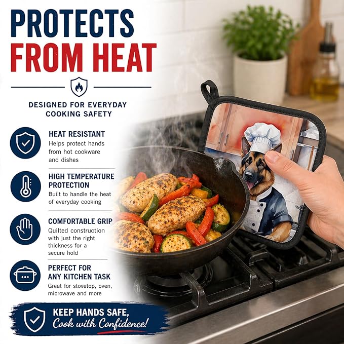 Caroline's Treasures German Shepherd The Chef Pair of Pot Holders Kitchen Heat Resistant Pot Holders Sets Oven Hot Pads for Cooking Baking BBQ, 7 1/2 x 7 1/2
