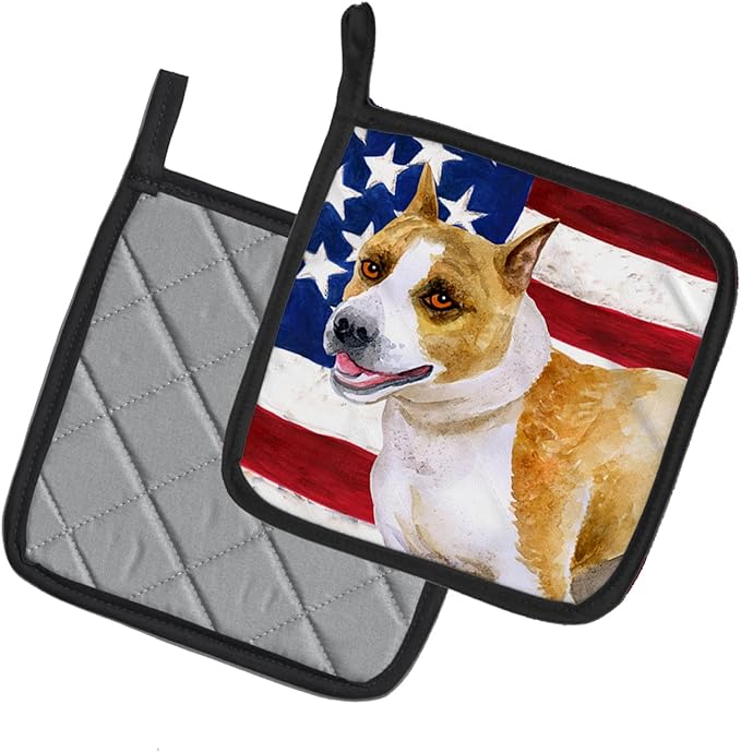 Caroline's Treasures BB9644PTHD American Staffordshire Patriotic Pair of Pot Holders Kitchen Heat Resistant Pot Holders Sets Oven Hot Pads for Cooking Baking BBQ, 7 1/2 x 7 1/2