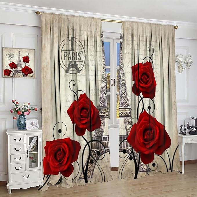 Eiffel Tower Blackout Curtain,Vintage France Paris Red Rose Floral Stamp Romantic Window Curtains for Bedroom Cafe Dining Room Office Living Room Kitchen Drapes,52x96 in