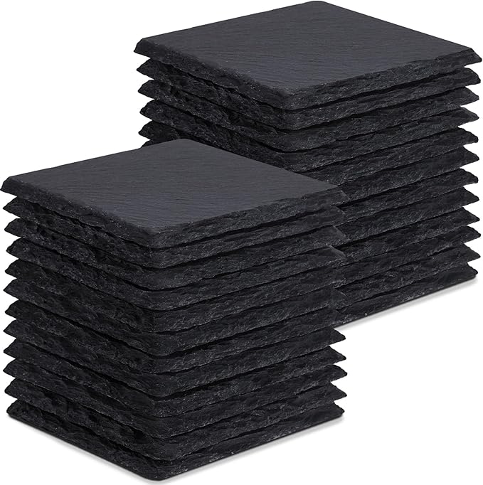 24 Pieces Slate Drink Coasters, GOH DODD 4 Inch Black Coasters Stone Coaster Set, Laser Engraving Blanks with Anti-Scratch Bottom for Home Office Kitchen Housewarming Gifts Wedding Party, Square