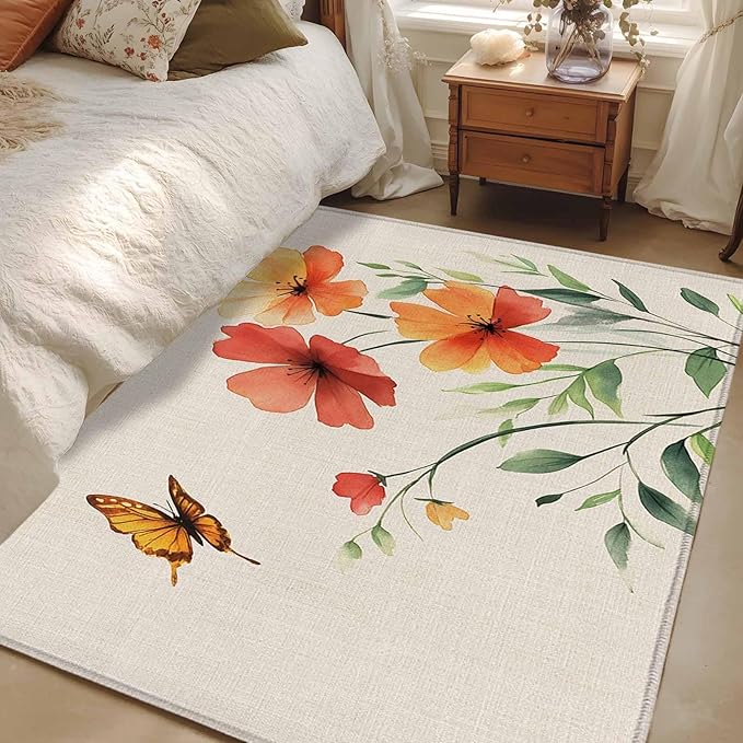 Area Rug 3x5ft, Summer Watercolor Flower Butterfly Washable Rugs for Living Room Bedroom, Green Leaves Retro Linen Soft Non-Slip Area Rugs Rectangle Floor Carpet for Dining Room