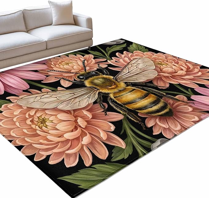 Area Rug 9x12ft, Vintage Honey Gold Bee Pink Flowers Washable Rugs for Living Room Bedroom Rectangle Floor Carpet, Sage Green Leaves Soft Non-Slip Area Rugs for Dining Room