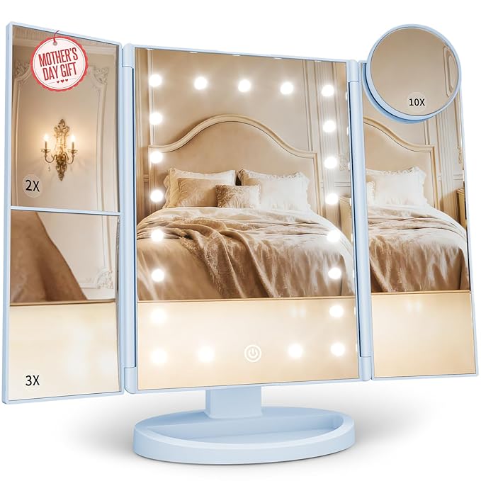 HUONUL Makeup Mirror, Vanity Mirror with Lights, 2X/3X/10X Magnification, Touch Control, Trifold Mirror, Dual Power Supply, Mothers Day for Mom Gifts,Gifts for Women, Wife, Mom, Teengirls