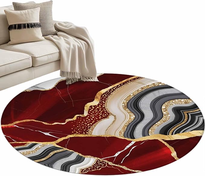 Washable Round Area Rug Abstract Flowing Marble Fluid Art Circle Rugs Floor Carpet for Living Room Bedroom, Red and Gold Lines Soft Non Slip Round Rug 3ft