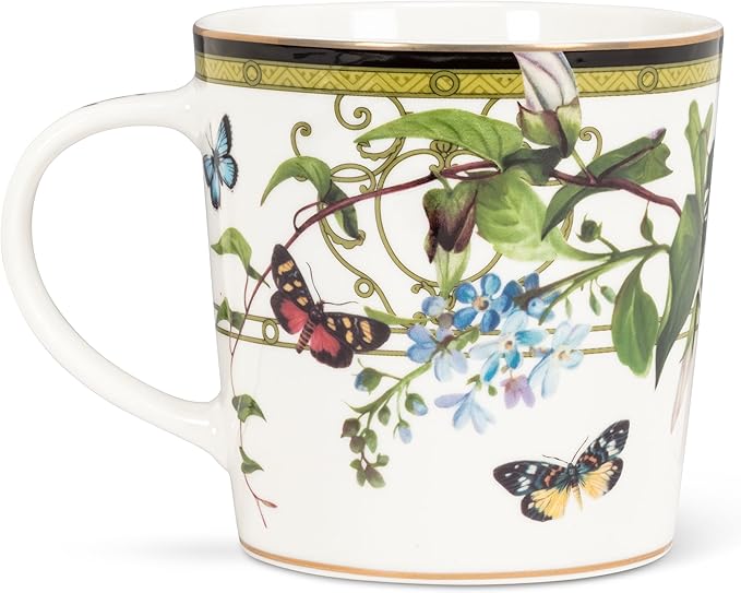 Abbott Collection Butterfly Garden Mug - Bone China, White/Green, 4"H (15oz)
