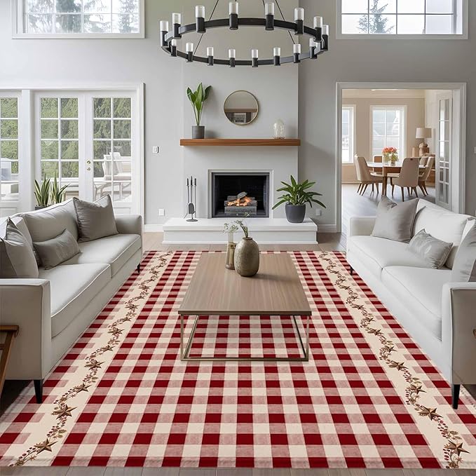 Area Rug 6x9ft, Vintage Red Buffalo Plaid Berry Washable Rugs for Living Room Bedroom, Farmhouse Western Star Soft Non-Slip Area Rugs Rectangle Floor Carpet for Dining Room