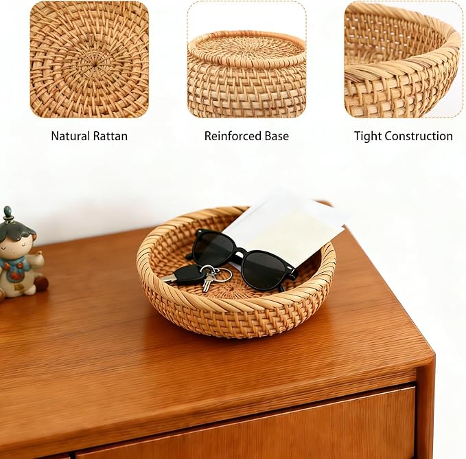 Small 6.9 Inch Natural Rattan Bread Basket,Handwoven Round Wicker Serving Bowls,Kitchen Wicker Fruit Basket Tray for Kitchen Counter Organizing Entryway Farmhouse Decor(6.9 Inch)