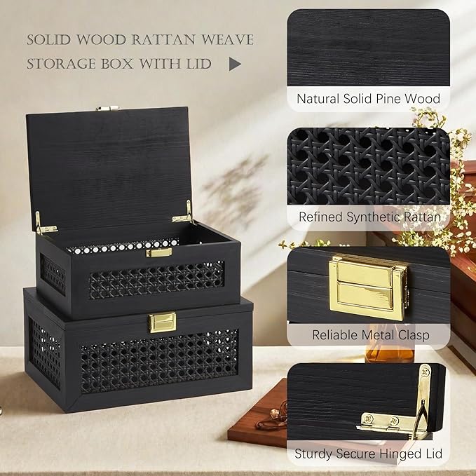Decorative Rattan Storage Boxes Solid Wood Woven Baskets Bins with Lid Keepsake Memory Jewelry Box Natural Boho Shelf Wicker Closet Desk Organizer Container (Black, Small Size)
