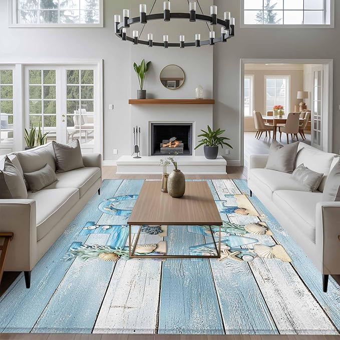 Area Rug 6x9ft, Summer Ocean Beach Shell Home Quote Washable Rugs for Living Room Bedroom, Farm Blue Wood Board Soft Non-Slip Area Rugs Rectangle Floor Carpet for Dining Room